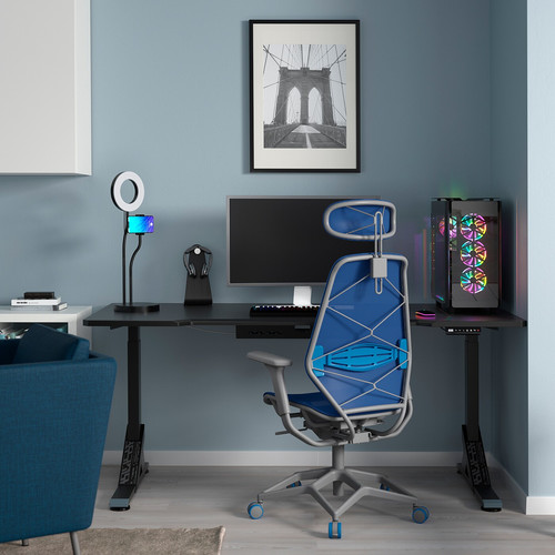 UPPSPEL / STYRSPEL Gaming desk and chair, black blue/light grey, 180x80 cm