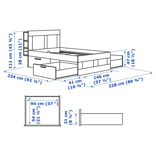 BRIMNES Bedroom furniture, set of 3, white, 140x200 cm