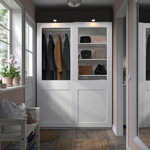 PAX / GRIMO Wardrobe combination, white/clear glass white, 150x66x201 cm