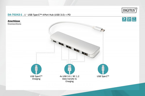 Digitus 4-Port USB-C HUB + PD 4x USB 3.0, 1x PD Charging, silver