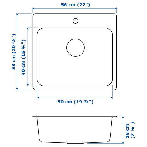 LÅNGUDDEN Inset sink, 1 bowl, stainless steel, 56x53 cm