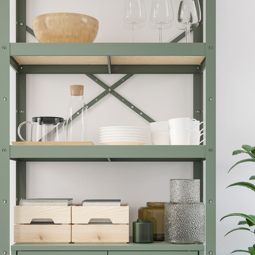 BROR Shelving unit with cabinet, grey-green/pine plywood, 85x40x190 cm