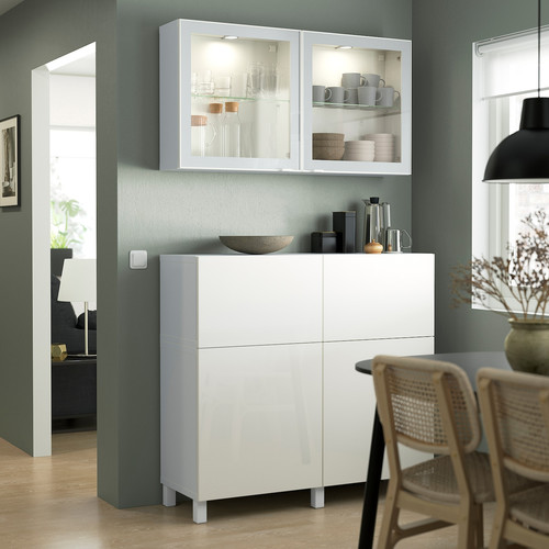 BESTÅ Storage combination w doors/drawers, white/Selsviken/Stubbarp high-gloss/white clear glass, 120x42x213 cm