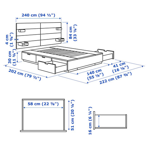 NORDLI Bed frame w storage and headboard, white, 140x200 cm