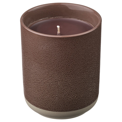 SILKESTRÄD Scented candle in ceramic jar, leather & vanilla/brown, 45 hr