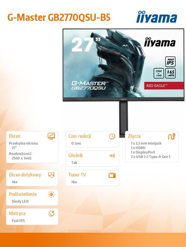 IIyama 27" Gaming Monitor GB2770QSU-B5 0.5ms IPS DP HDMI 165Hz