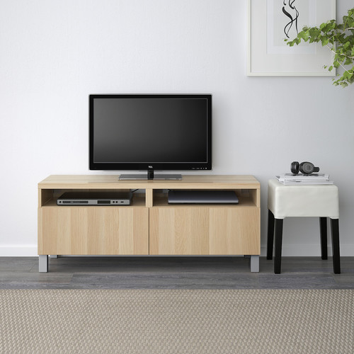 BESTÅ TV bench with drawers, white stained oak effect/Lappviken/Stubbarp light grey, 120x42x48 cm