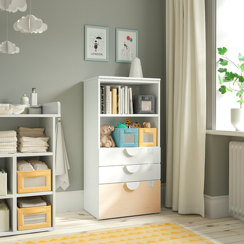 SMÅSTAD / PLATSA Bookcase, white birch/with 3 drawers, 60x42x123 cm