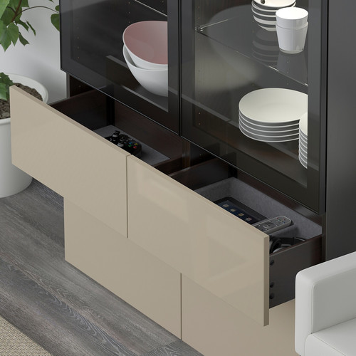 BESTÅ Storage combination w/glass doors, black-brown, Selsviken high-gloss/beige, clear glass, 120x40x192 cm