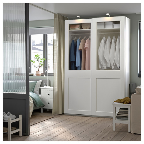 PAX / GRIMO Wardrobe with sliding doors, white/clear glass white, 150x66x236 cm