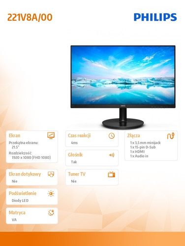 Philips 21.5" Monitor 221V8A VA HDMI Speakers