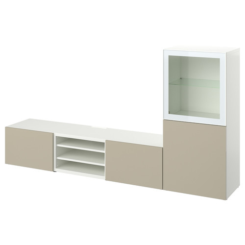 BESTÅ TV storage combination/glass doors, white/Selsviken high-gloss/beige clear glass, 240x42x129 cm