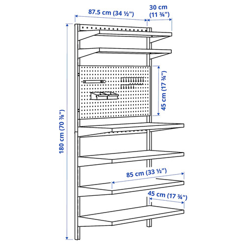 BROR Wall shelf combination, with pegboard/black, 88x30/45x180 cm