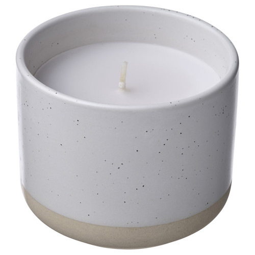 JÄMLIK Scented candle in ceramic jar, Vanilla/white, 25 hr