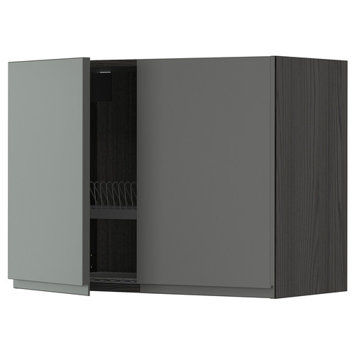 METOD Wall cabinet w dish drainer/2 doors, black/Voxtorp dark grey, 80x60 cm