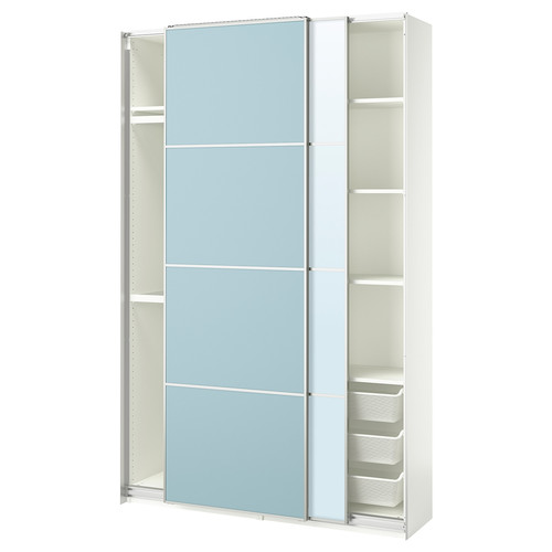 PAX / MEHAMN/AULI Wardrobe with sliding doors, white double sided/light blue mirror glass, 150x44x236 cm