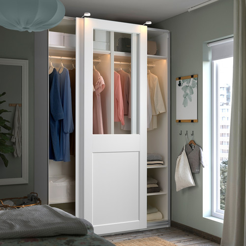 PAX / GRIMO Wardrobe with sliding doors, white/clear glass white, 150x66x236 cm