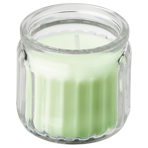 LÖVSKOGSLUND Scented candle in glass, apple/light yellow, 12 hr