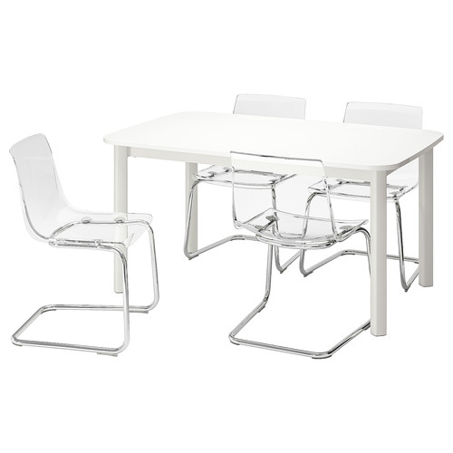 STRANDTORP / TOBIAS Table and 4 chairs, white, transparent, 150/205/260x95 cm