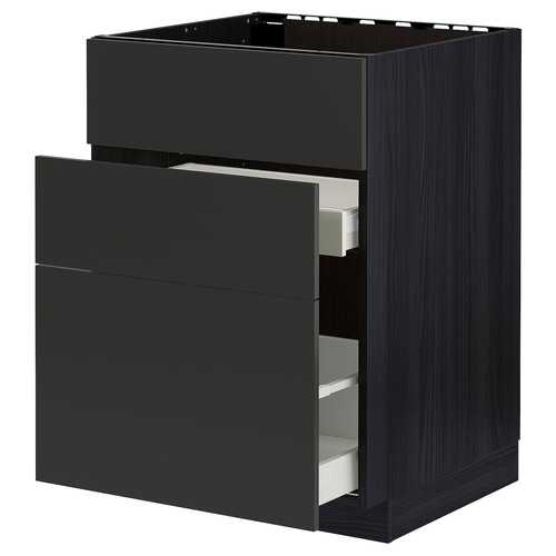 METOD / MAXIMERA Base cab f sink+3 fronts/2 drawers, black/Nickebo matt anthracite, 60x60 cm