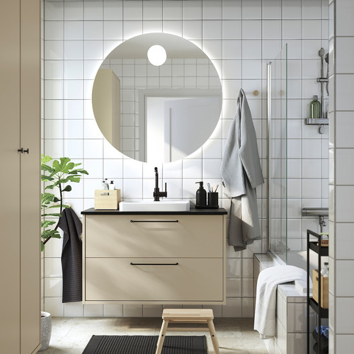 HAVBÄCK / ORRSJÖN Wash-stnd w drawers/wash-basin/tap, beige/black marble effect, 102x49x71 cm