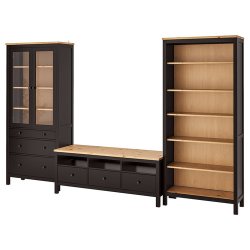 HEMNES TV storage combination, black-brown, light brown clear glass, 326x197 cm