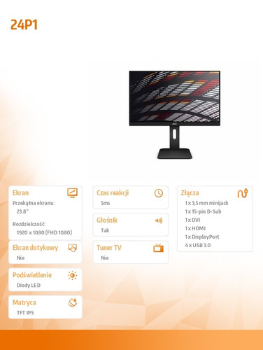 AOC 23.8" Monitor 24P1 IPS DVI DP HDMI Pivot Speakers