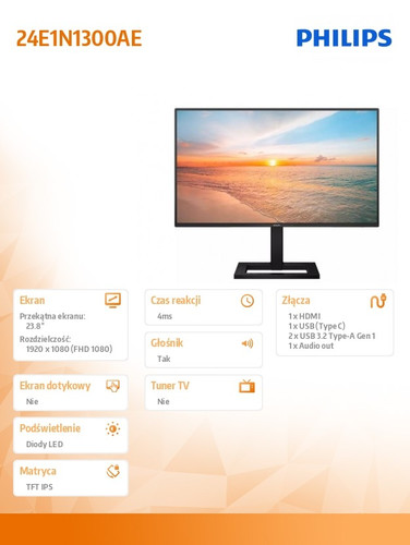 Philips Monitor 23.8'' 24E1N1300AE IPS 100Hz HDMI USB-C HAS Speakers