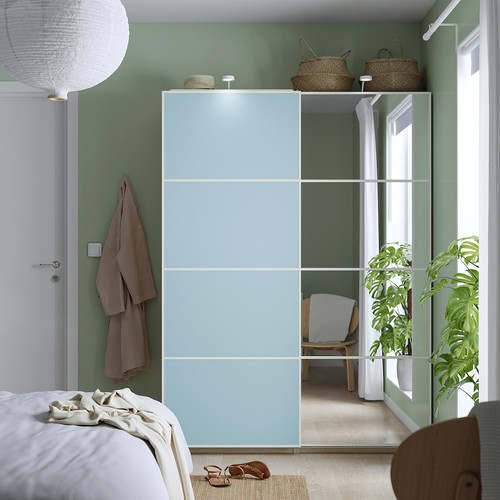 MEHAMN/AULI Pair of sliding doors, aluminium double sided/light blue mirror glass, 200x201 cm