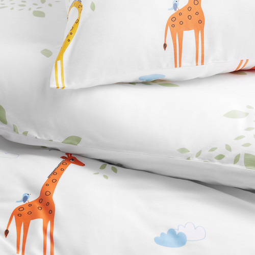 BERGFINK 3-piece bedlinen set with bag, green giraffe, 150x200/50x60 cm