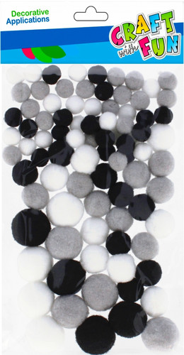 Pompoms 90pcs, white, grey, black