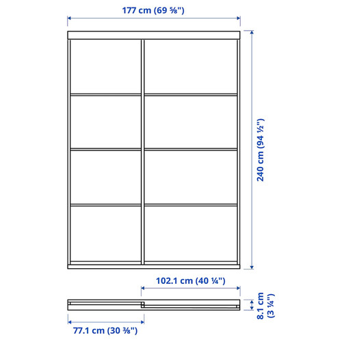 MEHAMN/AULI/SKYTTA Sliding door combination, aluminium double sided/white stained oak effect mirror glass, 177x240 cm