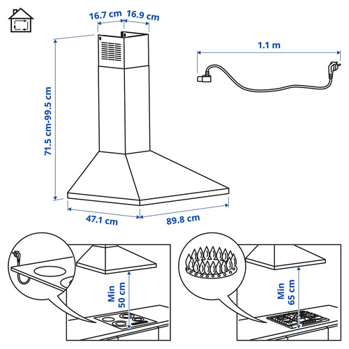 RYTMISK Wall mounted extractor hood, stainless steel, 90 cm