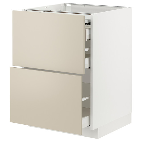 METOD / MAXIMERA Bc w pull-out work surface/3drw, white/Havstorp beige, 60x60 cm