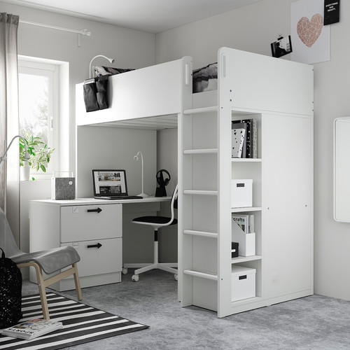 SMÅSTAD Loft bed, white with frame/with desk with 3 drawers, 90x200 cm