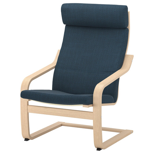 POÄNG Armchair and footstool, white stained oak veneer/Hillared dark blue