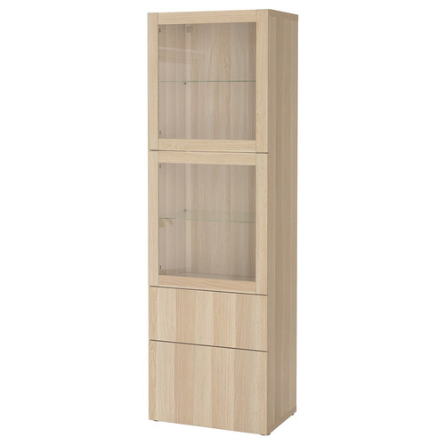 BESTÅ Storage combination w glass doors, white stained oak effect/Lappviken white stained oak eff clear glass, 60x42x193 cm