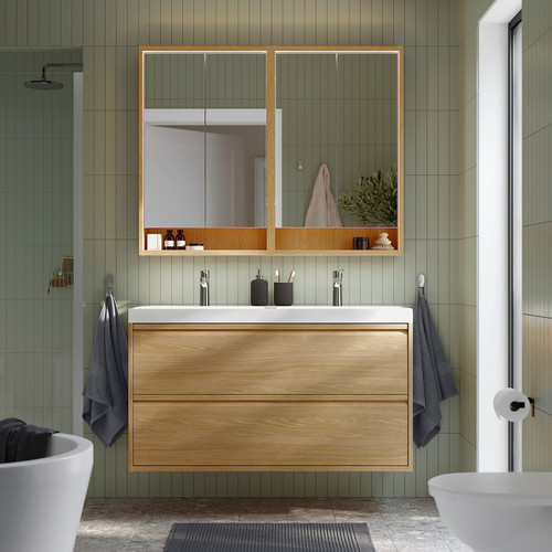 ÄNGSJÖN / BACKSJÖN Wash-stnd w drawers/wash-basin/taps, oak effect, 120x48x69 cm