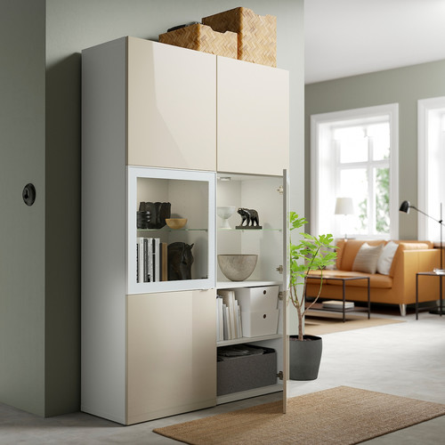 BESTÅ Storage combination w/glass doors, white/Selsviken high gloss/beige clear glass, 120x42x193 cm