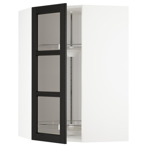 METOD Corner wall cab w carousel/glass dr, white/Lerhyttan black stained, 68x100 cm