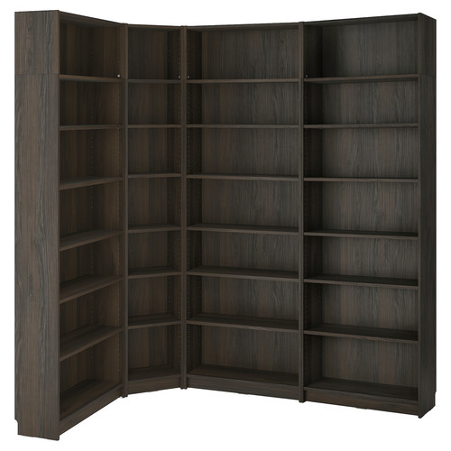 BILLY Bookcase corner comb w ext units, dark brown oak effect, 215/135x28x237 cm