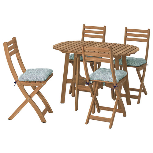 ASKHOLMEN Gateleg table+4 chairs, outdoor, foldable dark brown/Klösan blue