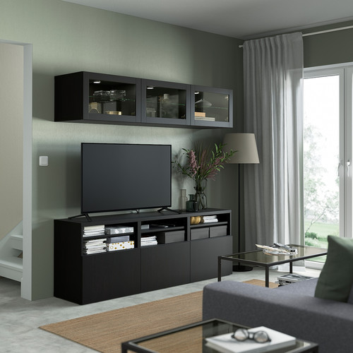 BESTÅ TV storage combination/glass doors, black-brown/Lappviken black-brown clear glass, 180x42x192 cm