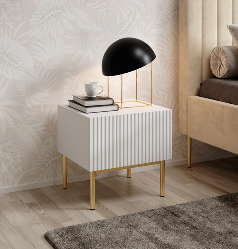 Nightstand Bedside Table Nicole Set of 2, gold legs, matt white