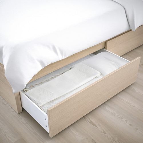 MALM Bed frame, high, w 4 storage boxes, white stained oak veneer, 180x200 cm