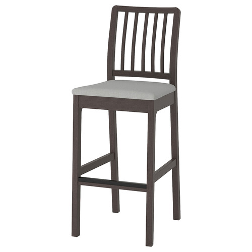 EKEDALEN Bar stool with backrest, dark brown, Orrsta light grey, 75 cm