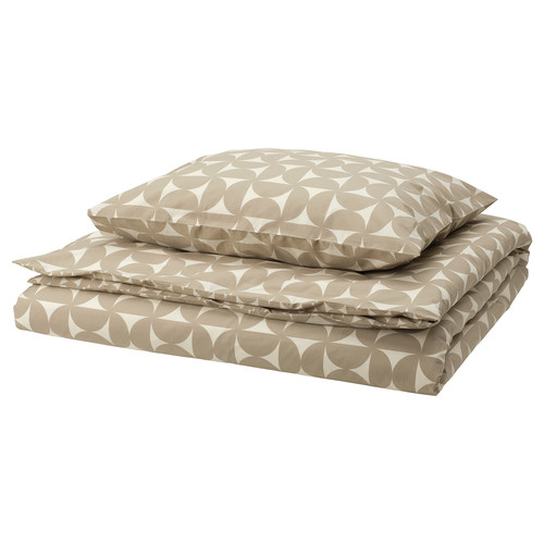 ÄNGSNEJLIKA Duvet cover and pillowcase, grey-beige/off-white, 150x200/50x60 cm