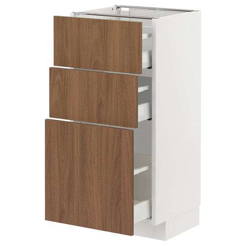 METOD/MAXIMERA Base cabinet with 3 drawers, white/Tistorp brown walnut effect, 40x37 cm