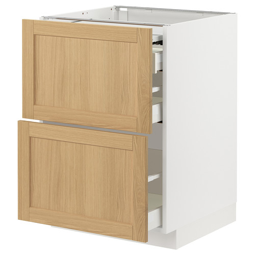 METOD / MAXIMERA Bc w pull-out work surface/3drw, white/Forsbacka oak, 60x60 cm