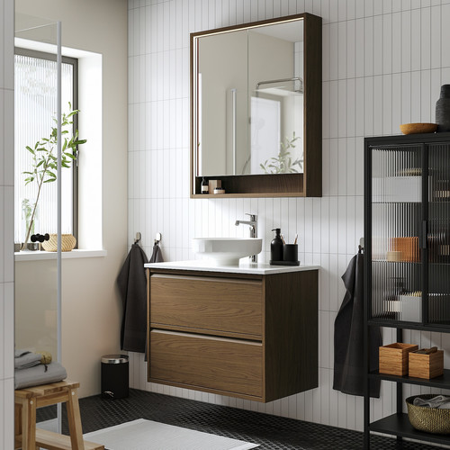 ÄNGSJÖN / LERSJÖN Wash-stnd w drawers/wash-basin/tap, brown oak effect/white marble effect, 82x49x79 cm